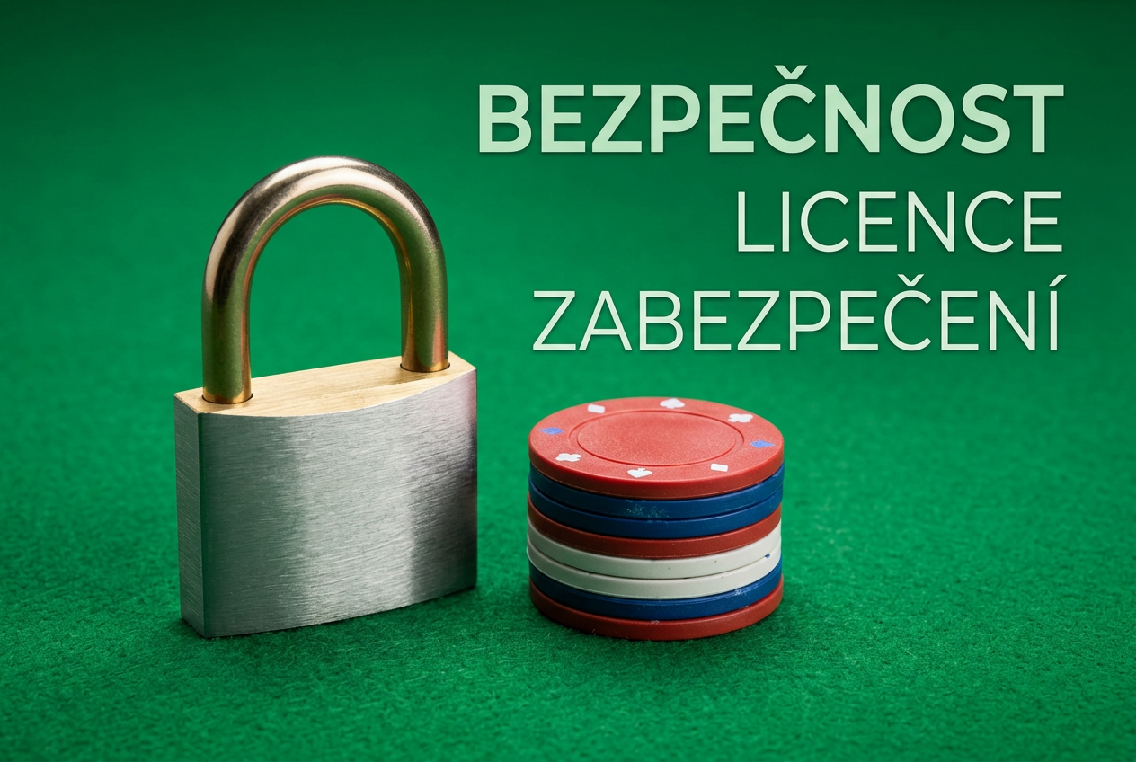 Minimalistická infografika se symbolem zámku a kasinového žetonu na zeleném pozadí s českými nápisy